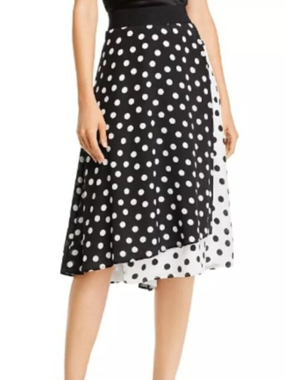 Alice + Olivia B&W Nanette Polka Dot Faux Wrap Silk Skirt - 6